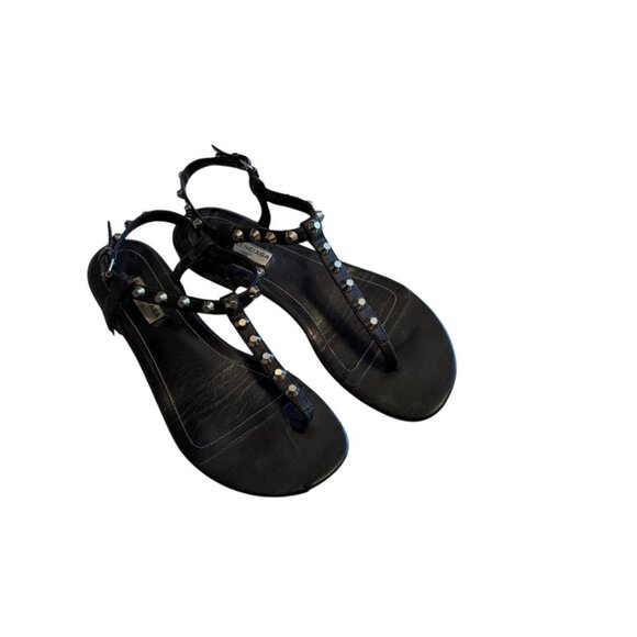 BALENCIAGA Arena Giant Black Studded T Strap Flat Leather Sandals Size 39 9 - Picture 1 of 15